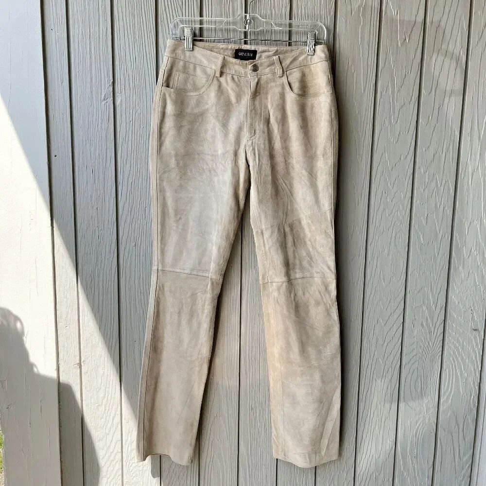Vintage Guess Genuine Suede Leather Pants Size 6 Beige Straight Leg